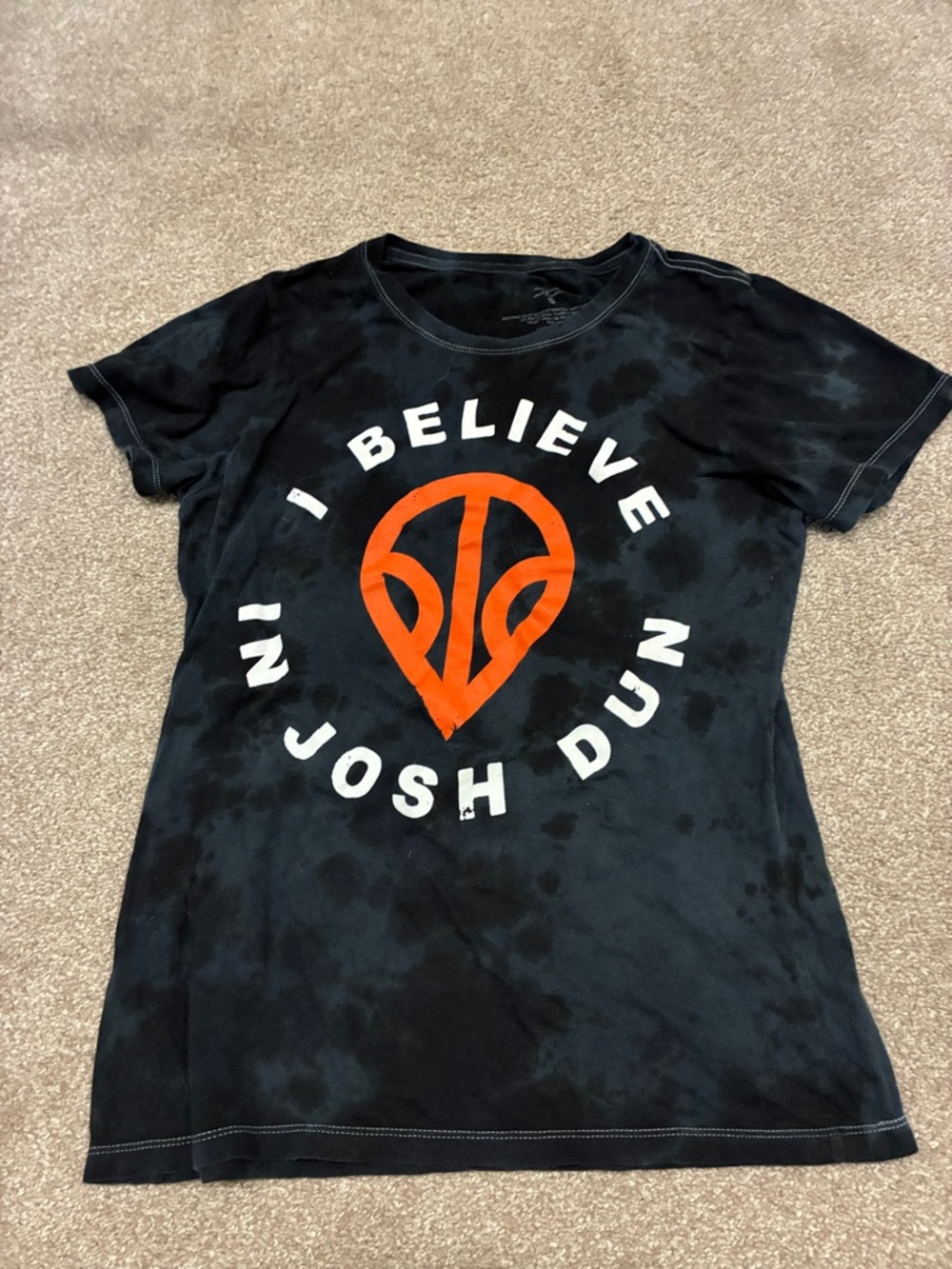 Hot Topic Black Tee with Orange and White 'I Believe in Josh Dun' Graphic